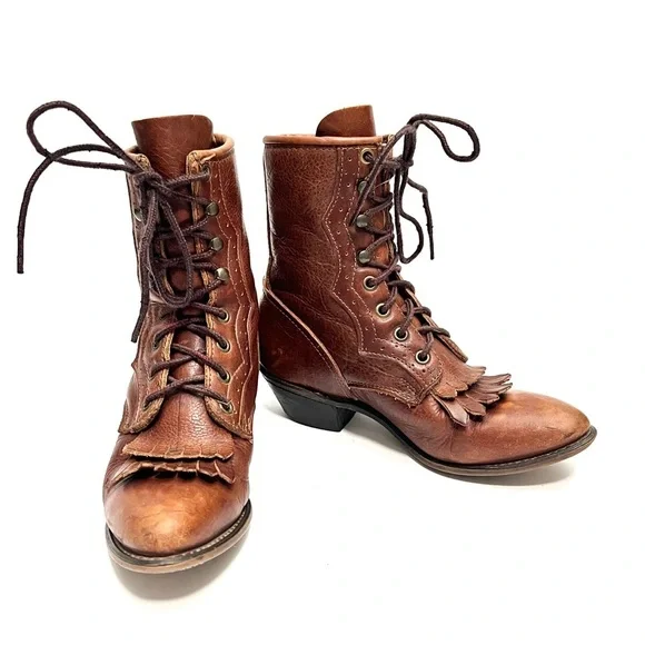 Vintage 1980s brown leather brogue lace up kiltie roper granny boots - Picture 4 of 9